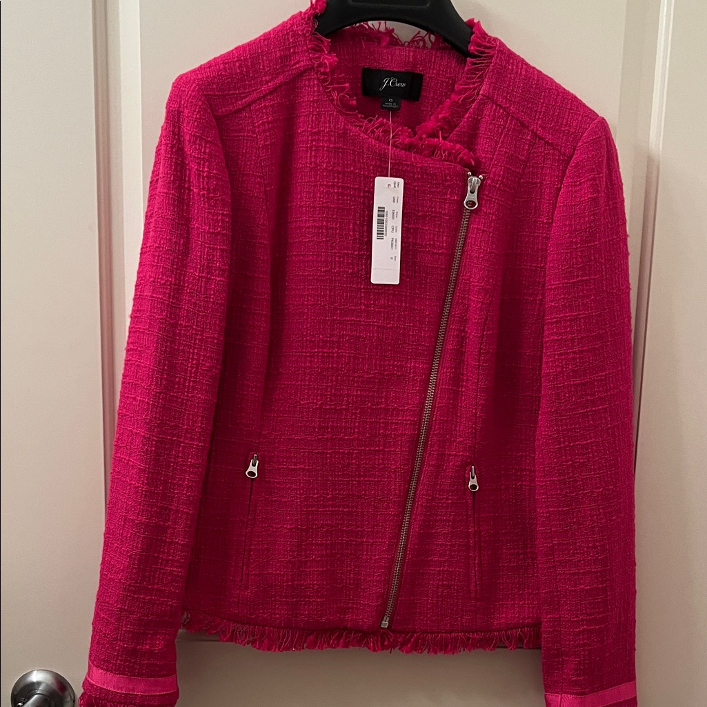 J.Crew. Hot Pink Tweed Zip-Front Jacket. Size 0. Nwt